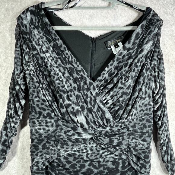 Tadashi Shoji Dress Womens Large Gray Leopard Print Ruched Sheath Cocktail Party - Picture 2 of 10